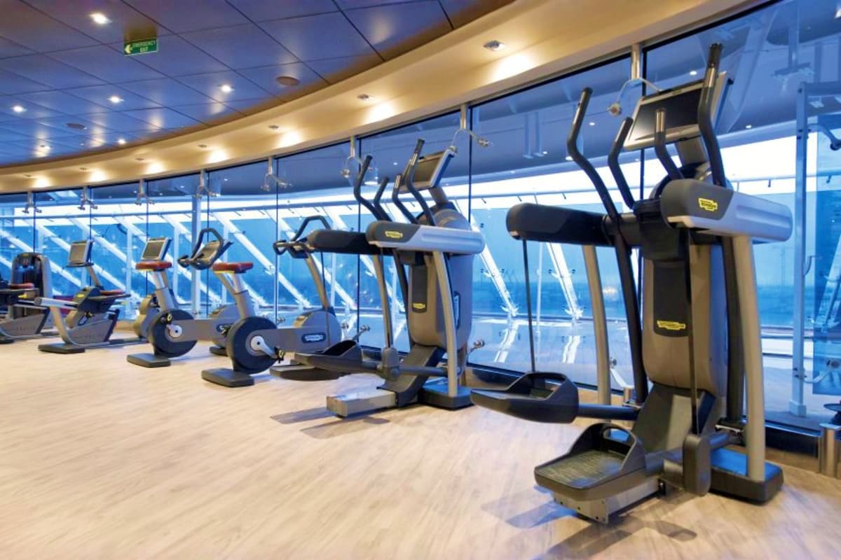 Modern fitness gym with cardio equipment overlooking ocean view through floor-to-ceiling windows on MSC Splendida cruise ship