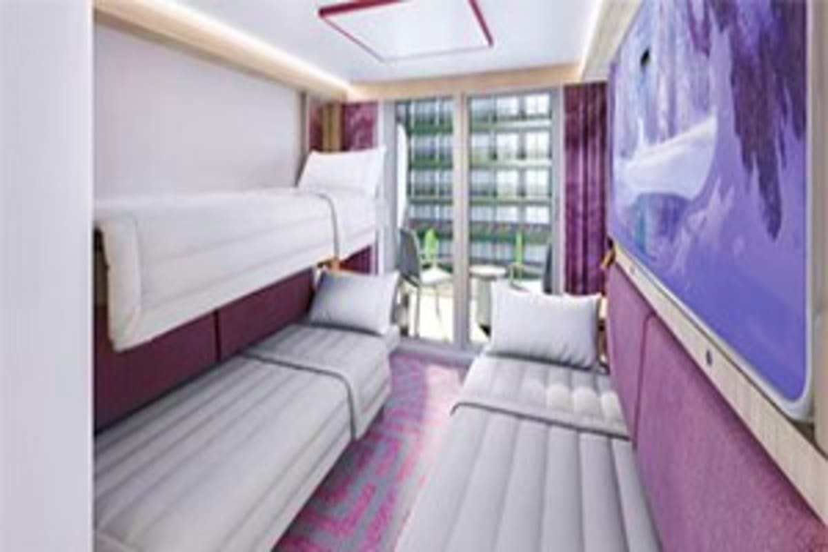 Three Nights Magical Disney Getaway Modern cruise ship cabin interior with twin beds, purple accents, large window with ocean view, and contemporary furnishings