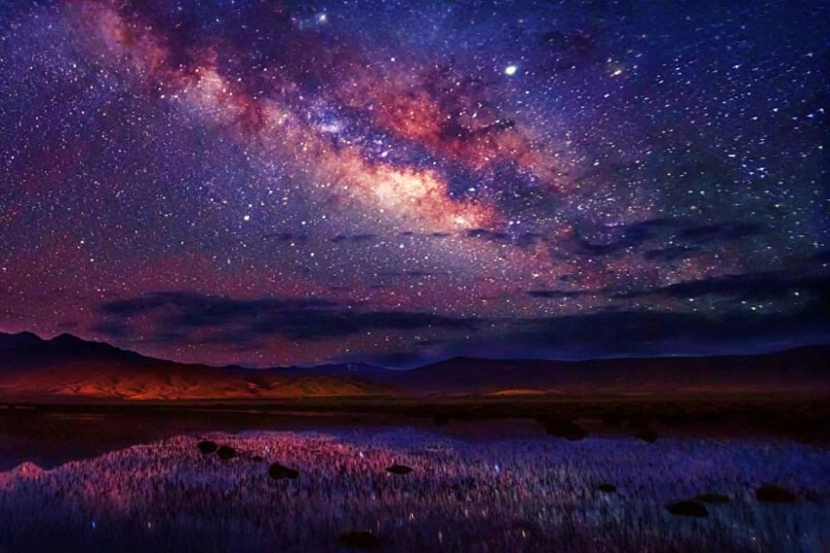Majestic Ladakh Explorer 7 Days of Himalayan Wonders Milky Way galaxy stretching across night sky above silhouetted mountains and still lake reflecting starlight