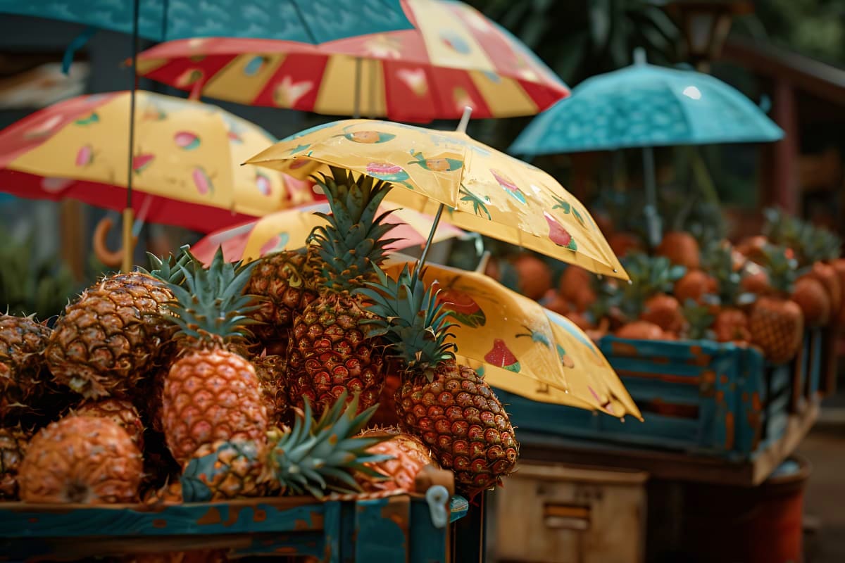Pineapples displayed at an outdoor market in Seychelles with decorative yellow and red umbrellas protecting the tropical frui
