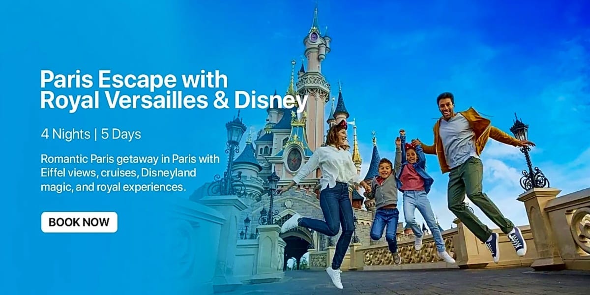 Family jumping in front of Cinderella Castle at Disneyland Paris with blue sky background