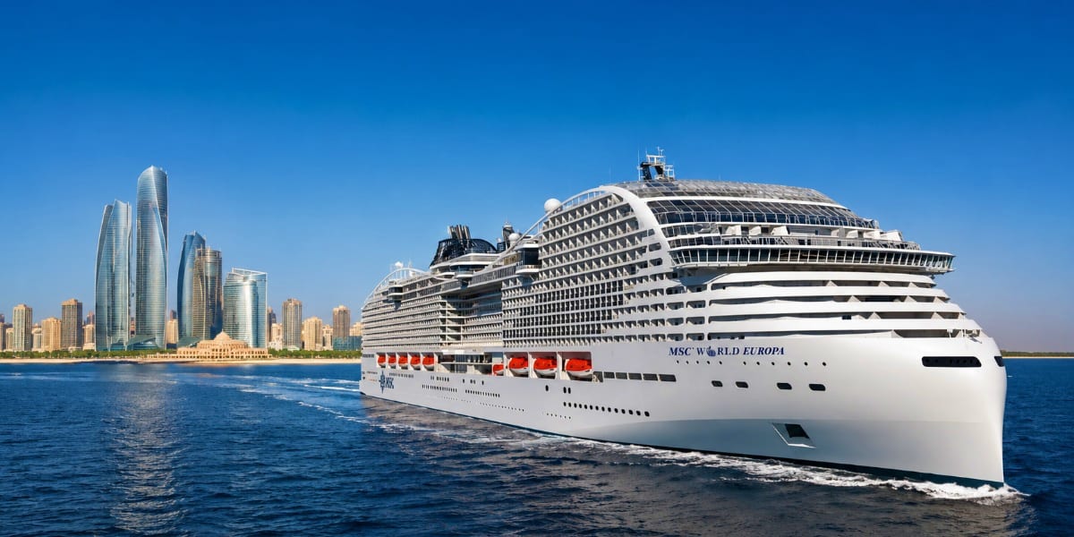 MSC World Europa cruise ship sailing in blue waters with modern city skyline and high-rise buildings in background