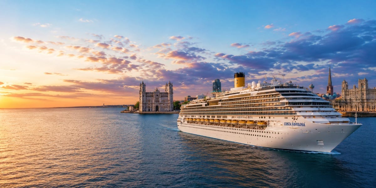 Costa Favolosa cruise ship departing Venice at sunset with historic basilica and Gothic architecture in background
