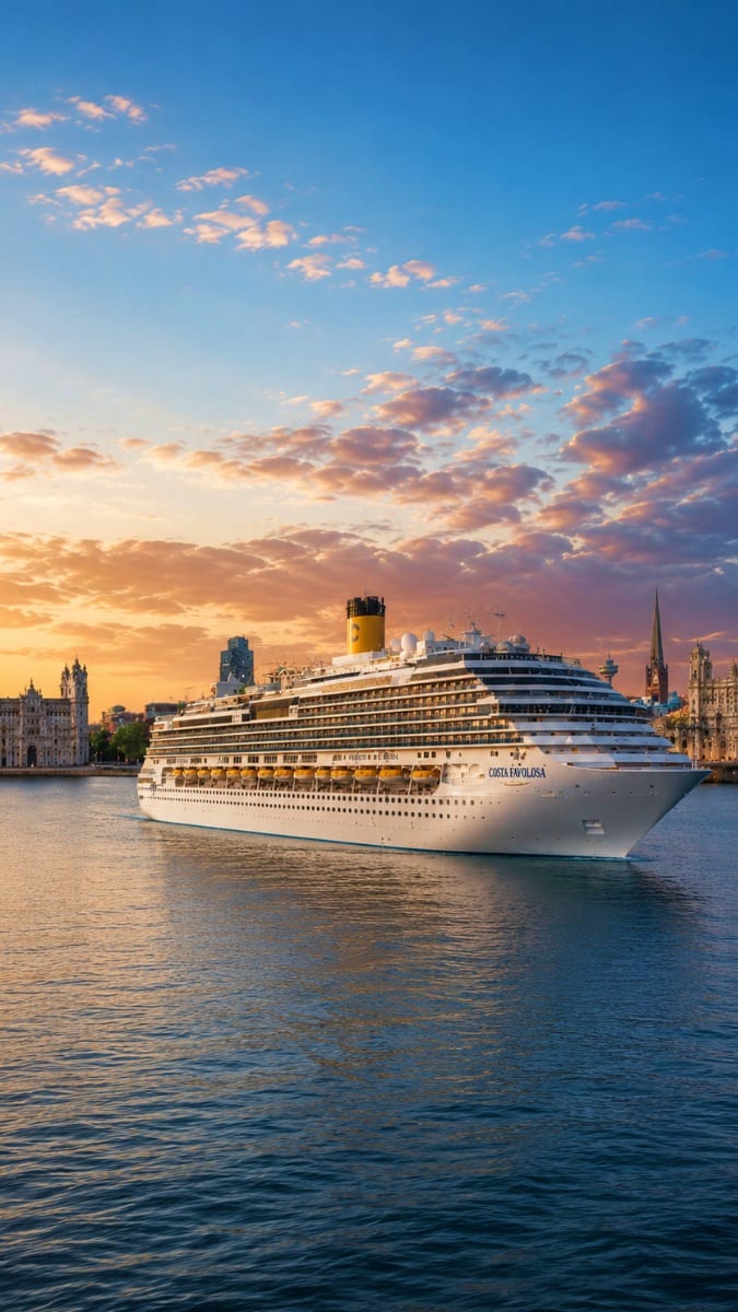 Costa Favolosa cruise ship docked in Venice at sunset with historic buildings and church spires in background