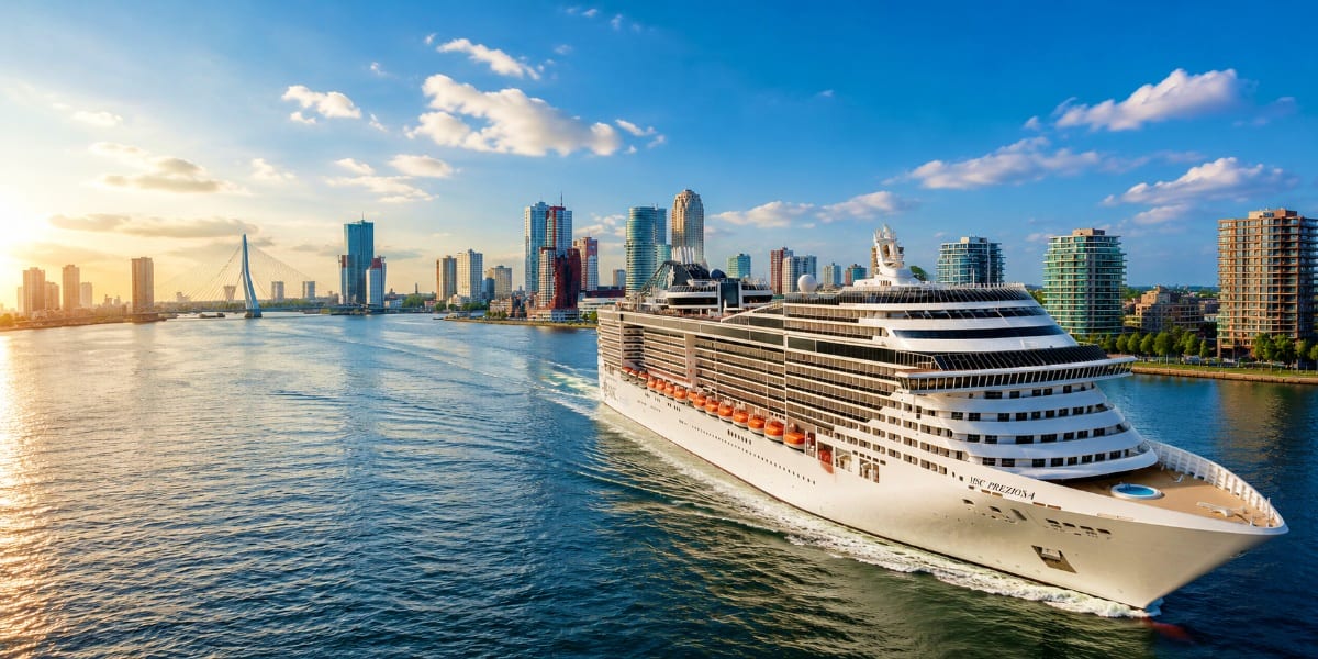 Large cruise ship MSC Preziosa departing Rotterdam with city skyline and Erasmus Bridge in background under blue sky