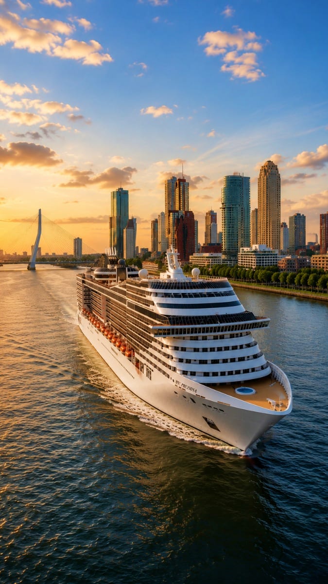 Large cruise ship departing New York Harbor at sunset with Manhattan skyline and Verrazzano Bridge in background