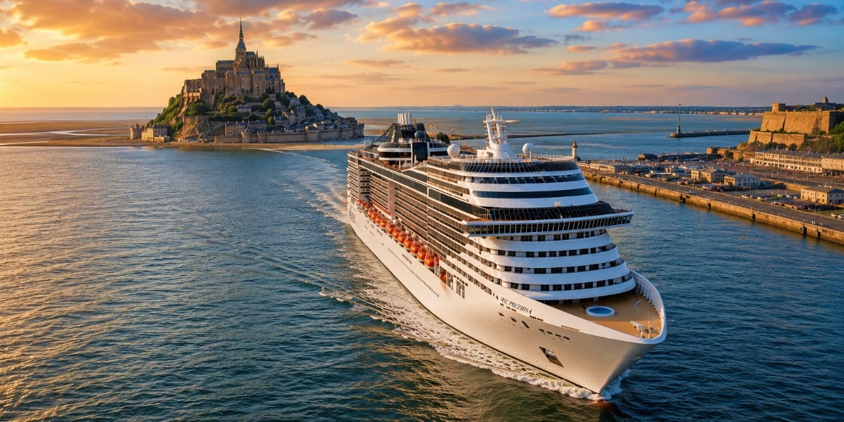Large cruise ship sailing near Mont Saint-Michel castle at sunset in Normandy, France
