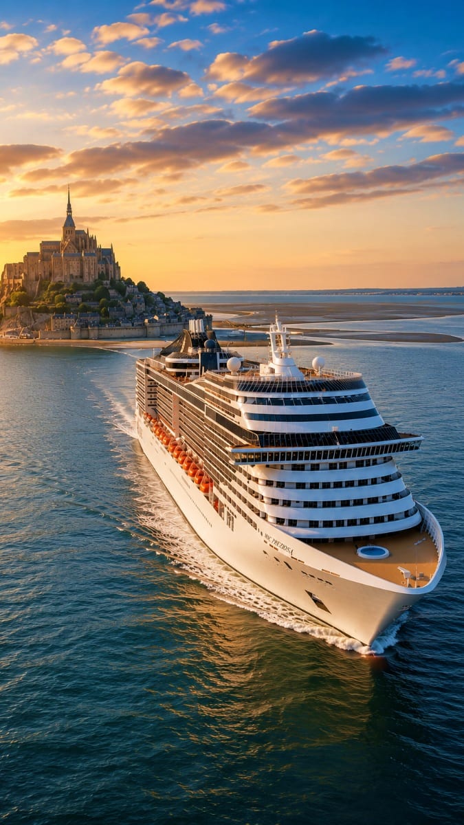 Luxury cruise ship MSC Preziosa sailing past Mont-Saint-Michel at sunset in Normandy, France
