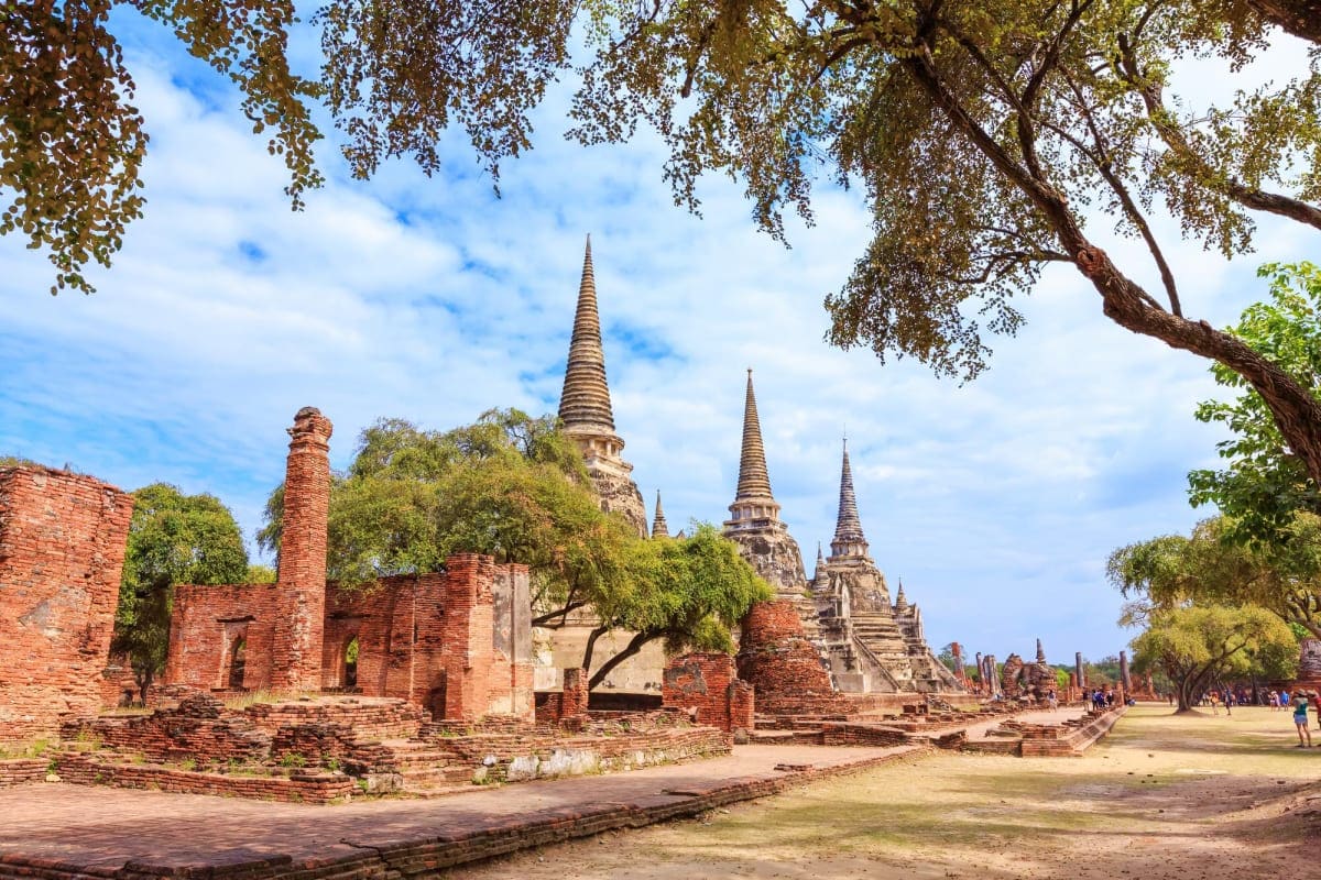 Ayutthaya Full Day Tour Ancient Buddhist temple ruins with distinctive cone-shaped stupas at Wat Phra Si Sanphet in Ayutthaya, Thailand