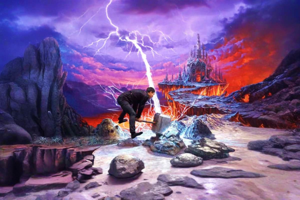 Art in Paradise Businessman crossing rocks in surreal fantasy landscape with lightning, gothic castle, and volcanic fire in background