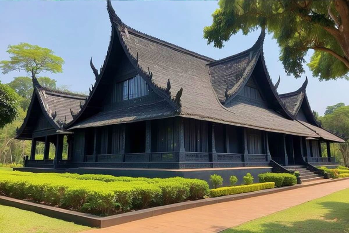 Traditional Thai temple with distinctive curved black roofs and upturned eaves, surrounded by manicured gardens and green law