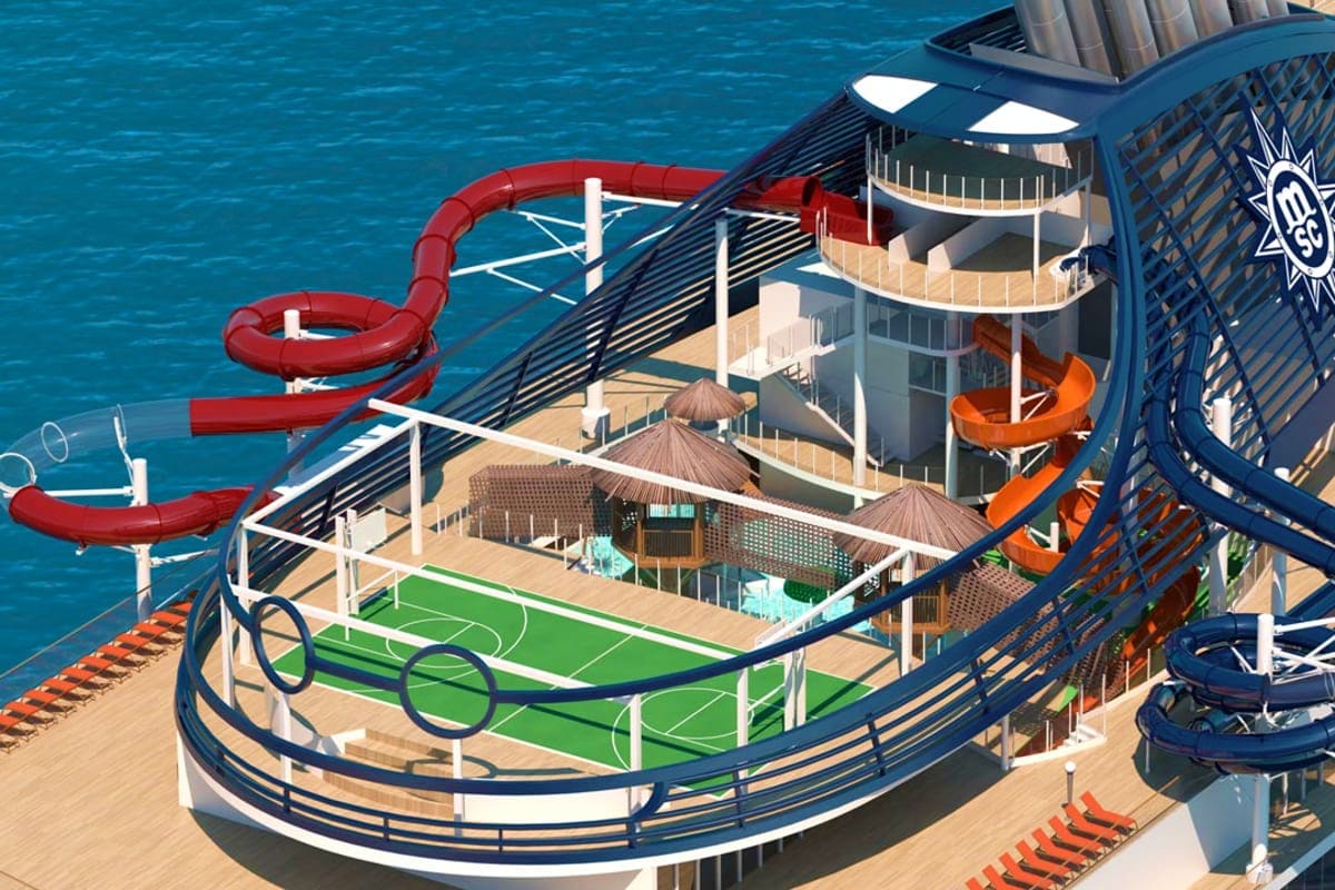 Aerial view of MSC Seaview cruise ship deck showing water slides, mini golf course, and recreational areas overlooking ocean