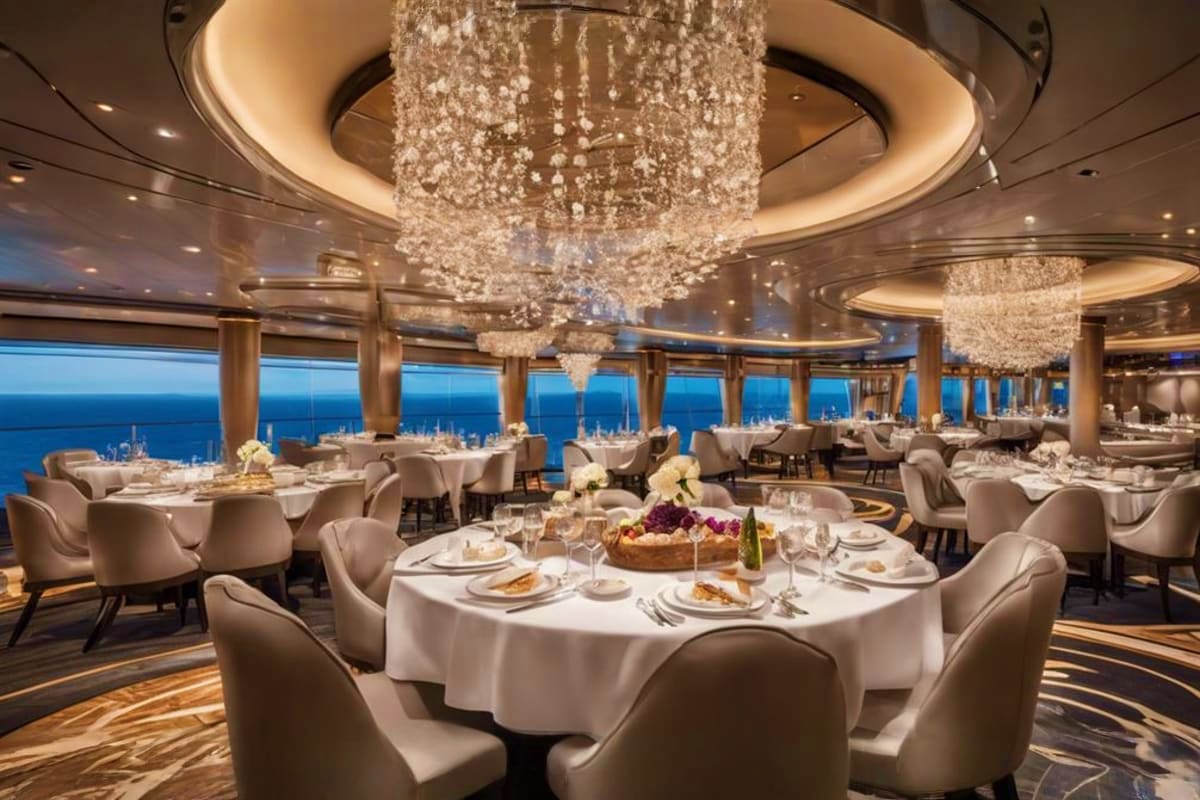 Elegant fine dining restaurant on MSC Seaview with crystal chandeliers, round tables, beige chairs, ocean views, and white ta