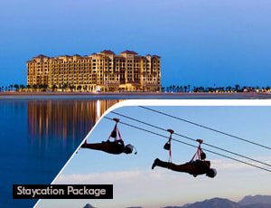 Sleek Ras Al Khaimah Stay with Jais Zipline and Desert Safari Luxury waterfront hotel in Ras Al Khaimah with zipline activity shown in inset, blue water and sky backdrop