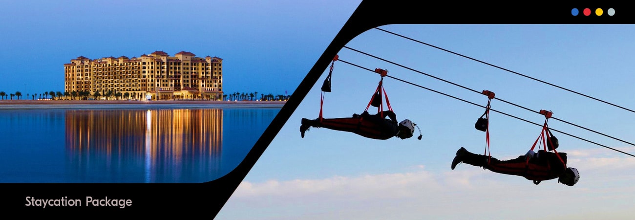 Sleek Ras Al Khaimah Stay with Jais Zipline and Desert Safari Split image showing illuminated beachfront resort at dusk on left and tourists on zipline against blue sky on right