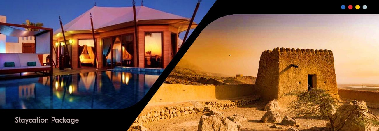 Ras Al Khaimah Heritage Escape with City Tour and Desert Safari Luxurious resort pool at sunset next to ancient desert fortress ruins in Ras Al Khaimah