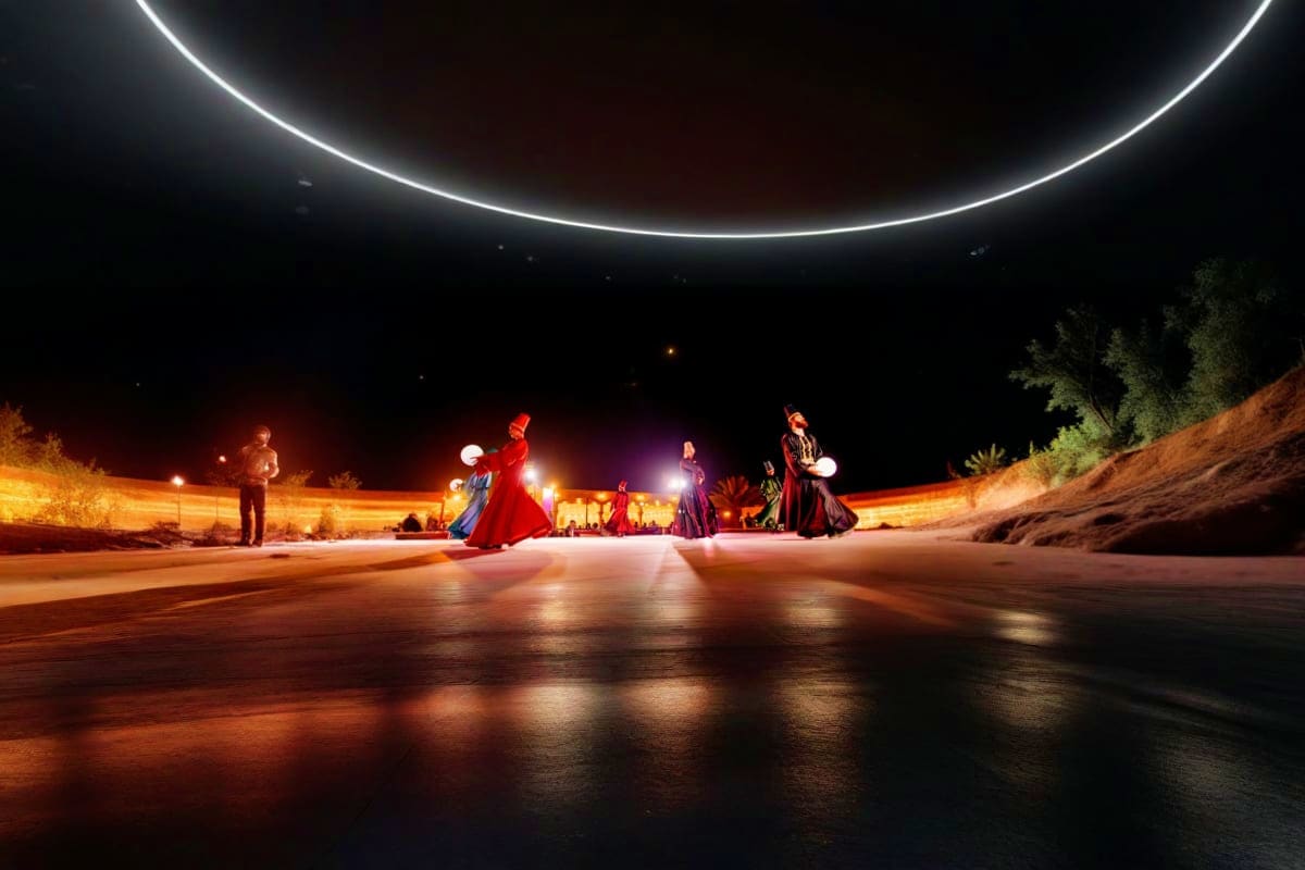 Night performance with performers in traditional red and blue robes dancing under illuminated crescent moon arch in desert se
