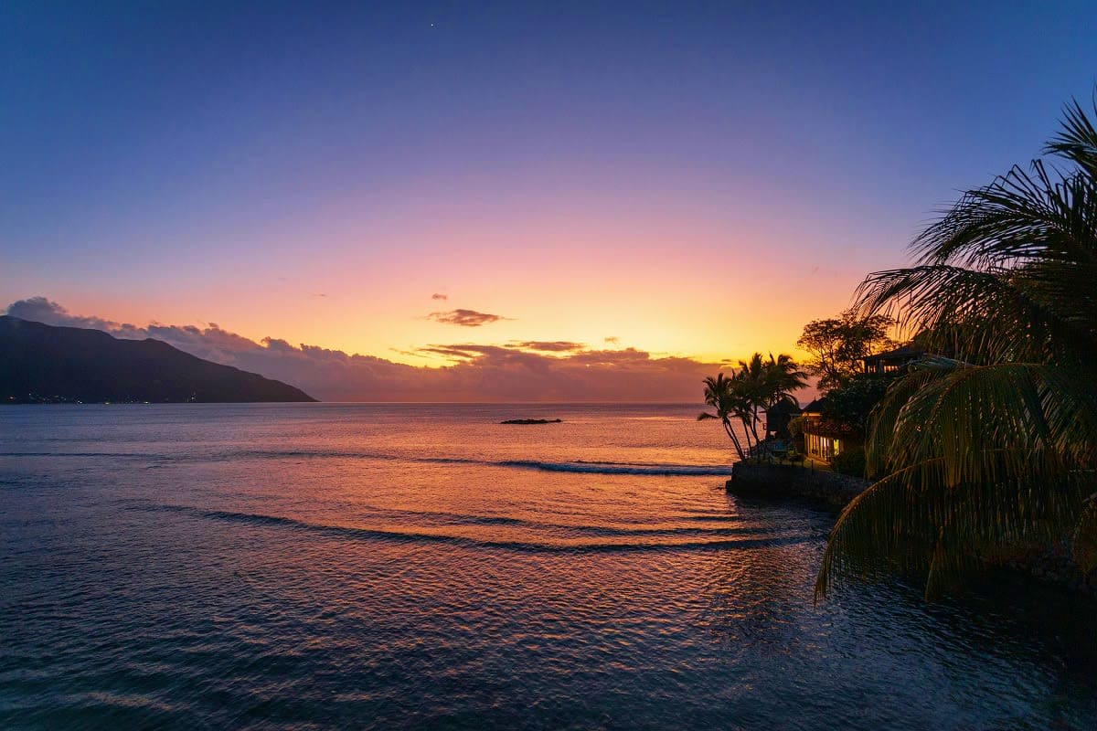 Tropical beach sunset in Seychelles with palm trees, calm ocean waves, and mountains silhouetted against golden sky