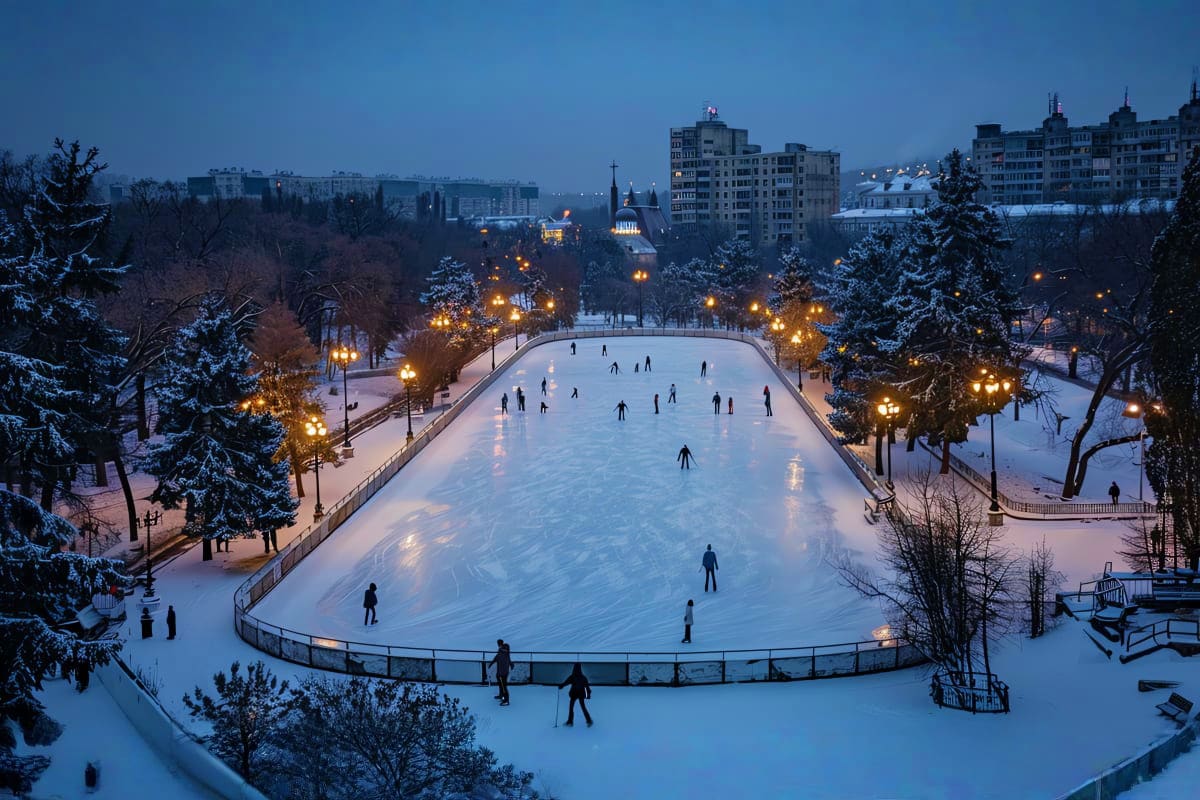 Outdoor ice skating rink in winter city park at dusk with snow-covered trees and illuminated apartment buildings in backgroun