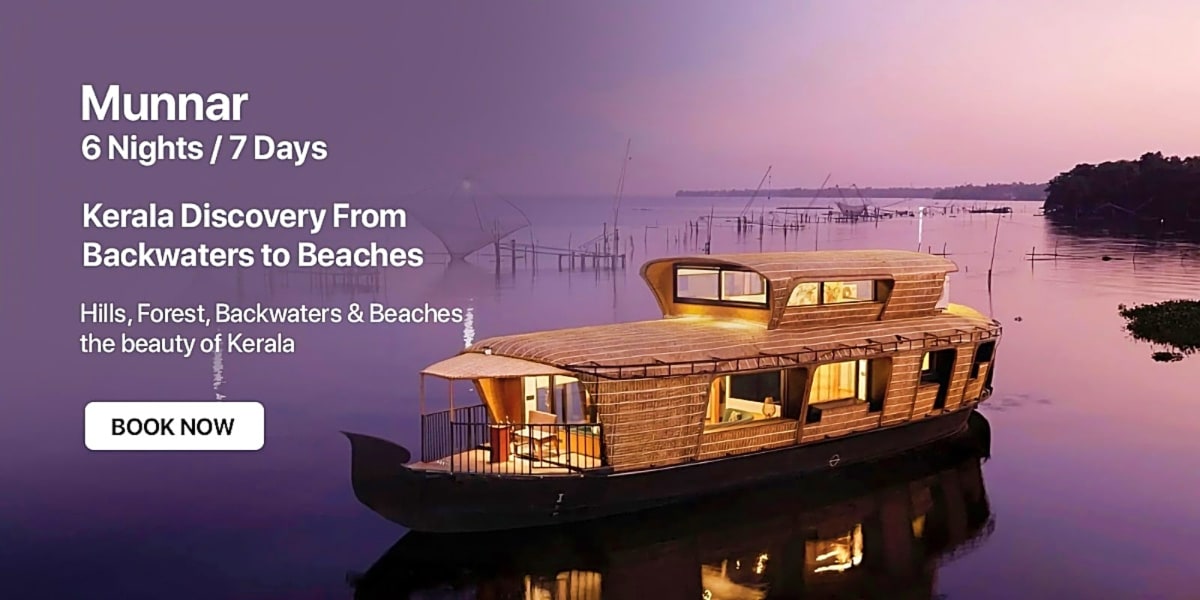 Illuminated wooden houseboat on calm backwaters at dusk with misty purple sky and palm trees in Kerala, India