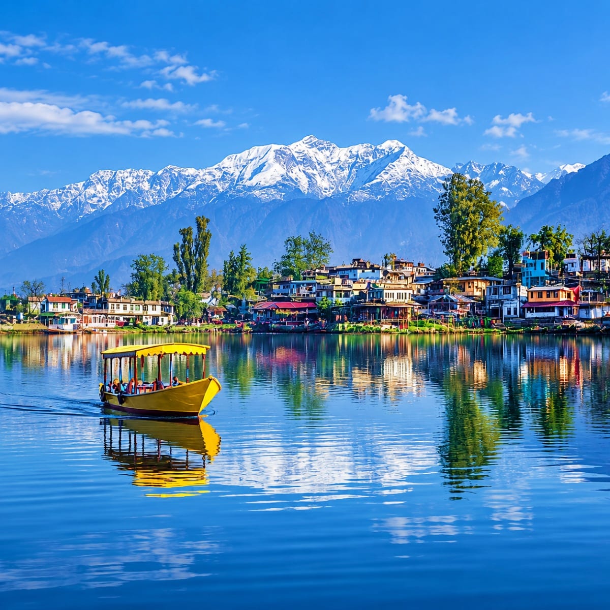 Yellow shikara boat on Dal Lake with snow-capped Himalayan mountains and colorful waterfront houses in Srinagar, Kashmir