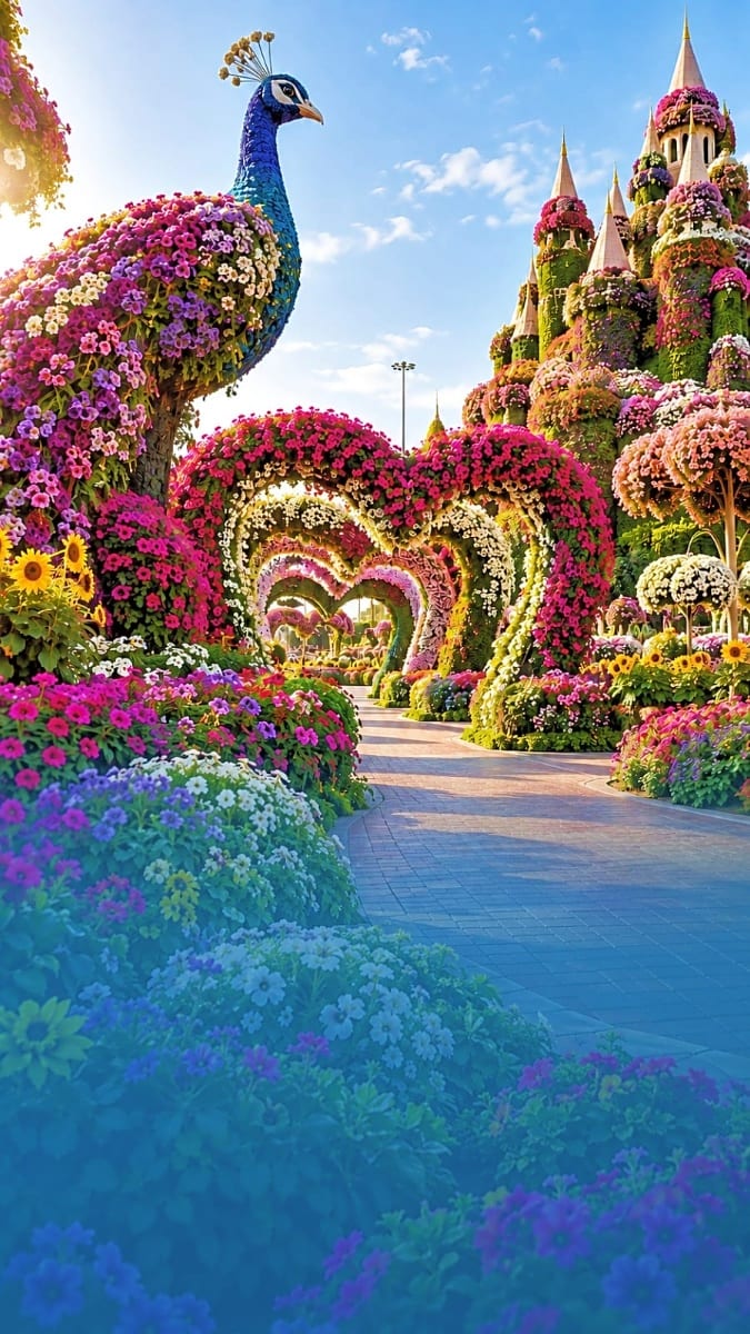 Colorful flower sculptures including a peacock and heart-shaped arch in Dubai Miracle Garden with floral castle towers in bac