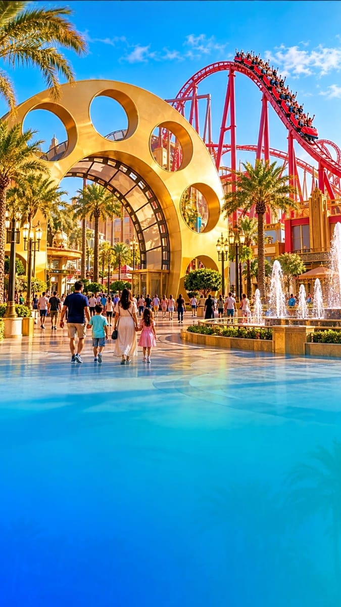 Large yellow tunnel structure with red roller coaster in background at Dubai theme park with palm trees and visitors
