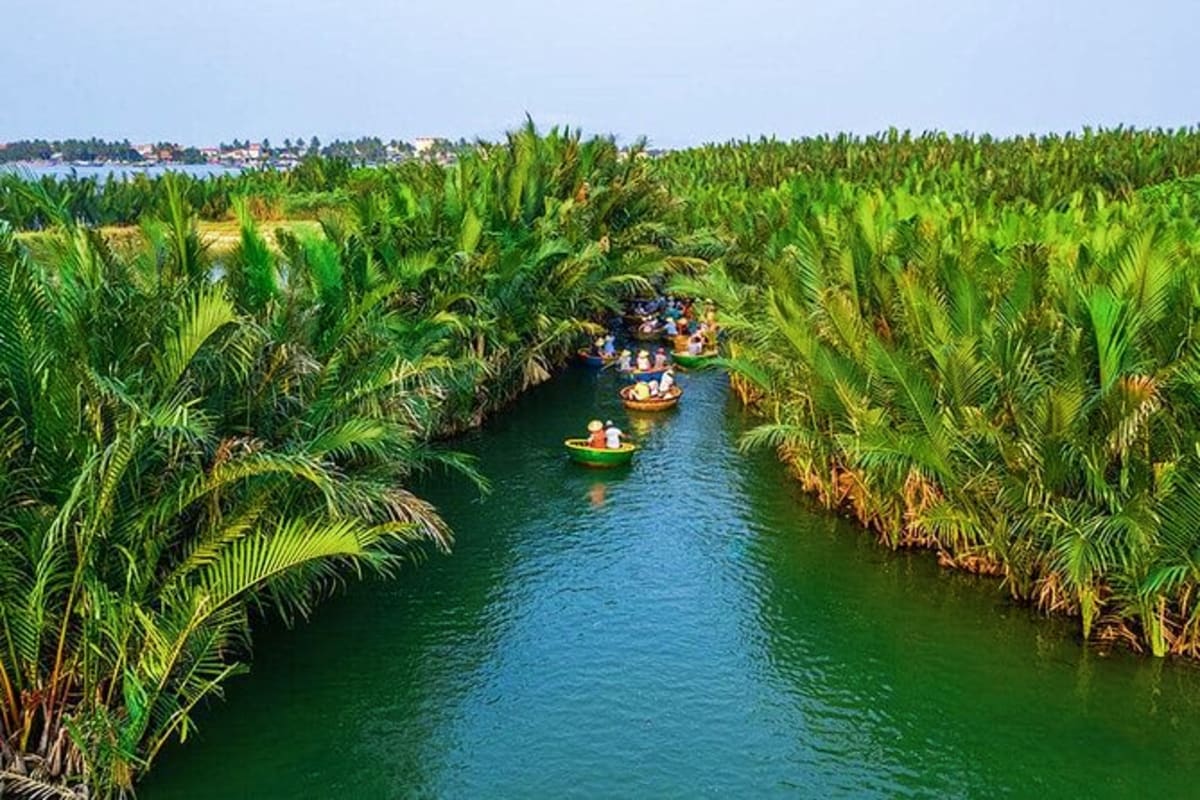 Tourists paddling boats through a narrow waterway lined with tall green coconut palm trees in the Mekong Delta.
