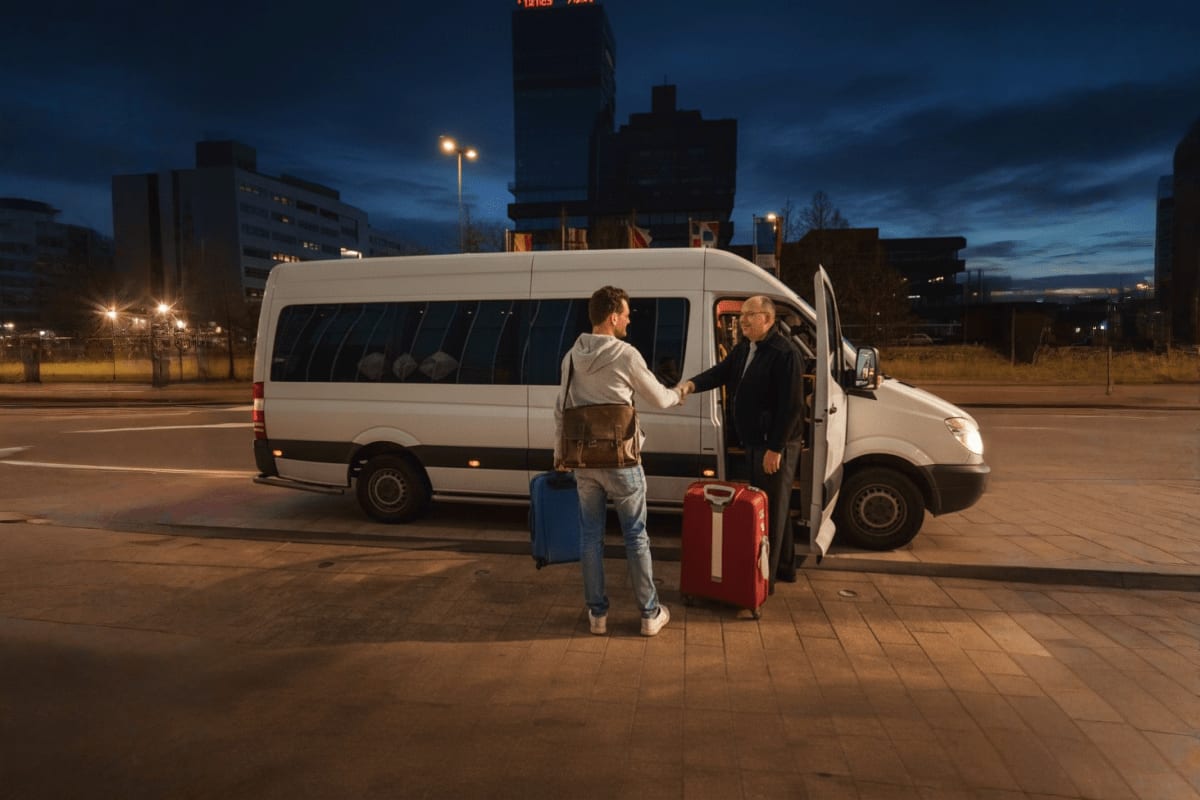 Ho Chi Minh Airport Drop off Passenger with luggage meeting driver at white shuttle van in urban plaza at dusk for airport transfer service