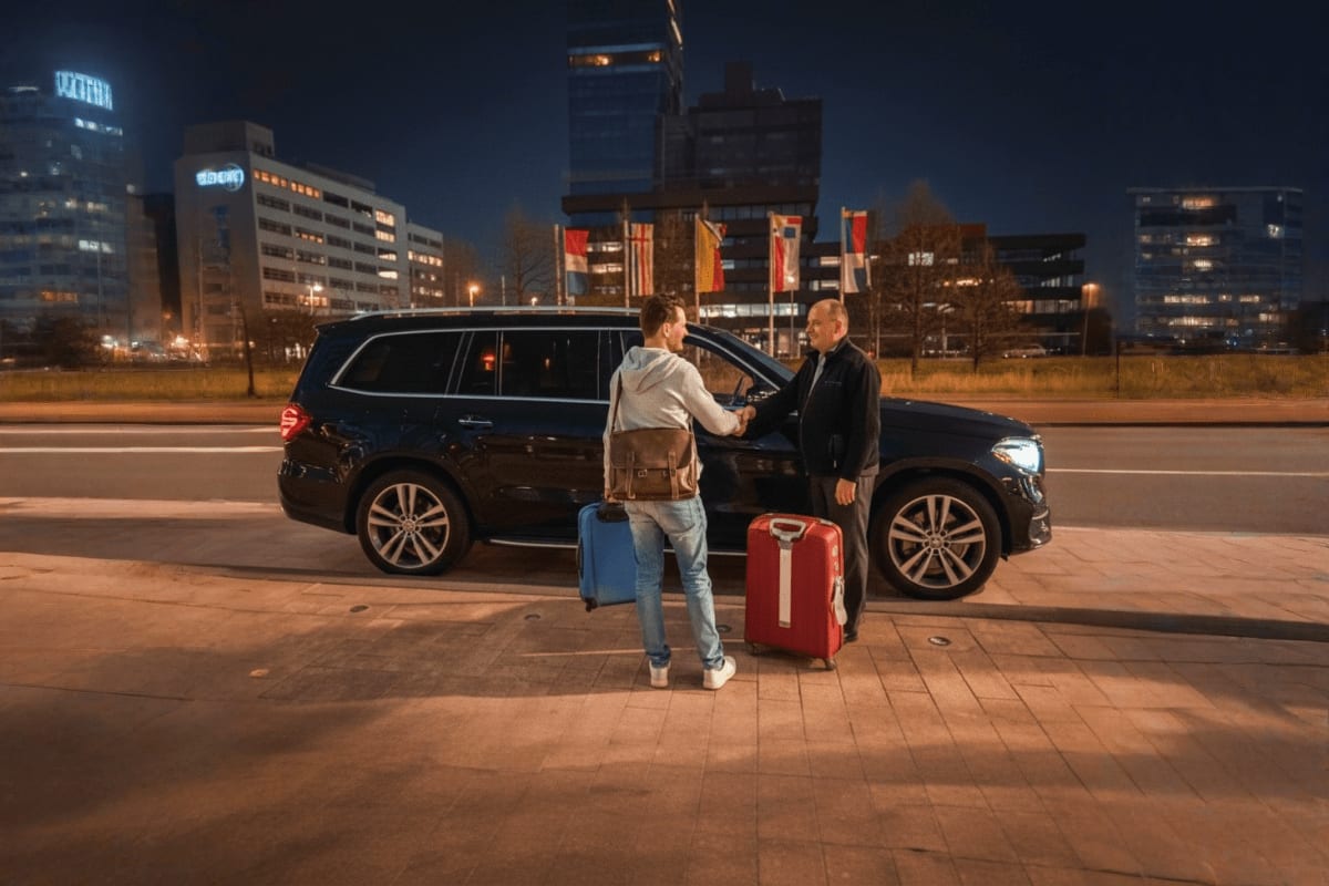 Ho Chi Minh Airport Drop off Traveler with luggage meeting driver at black SUV for airport drop-off service at night in urban setting