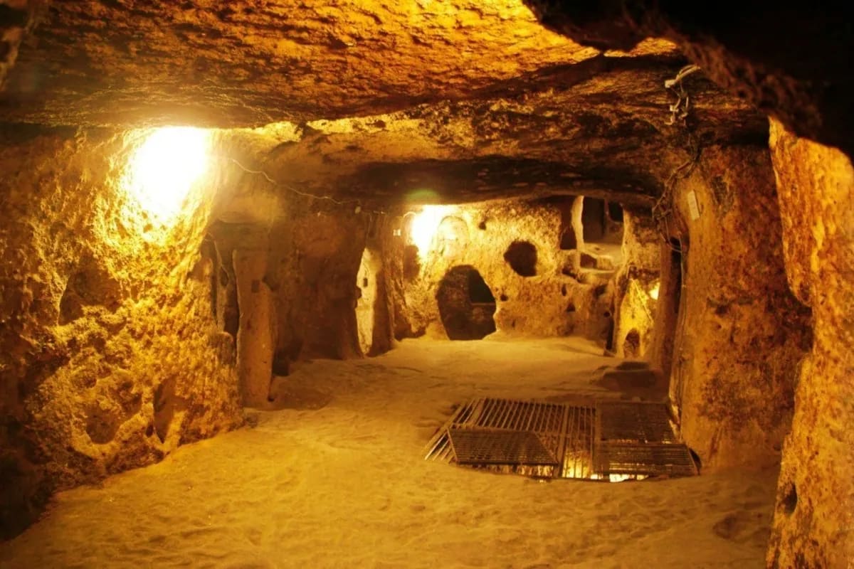 Illuminated underground tunnel at Cu Chi Tunnels with sandy floor, wooden beams, and carved openings in earthen walls