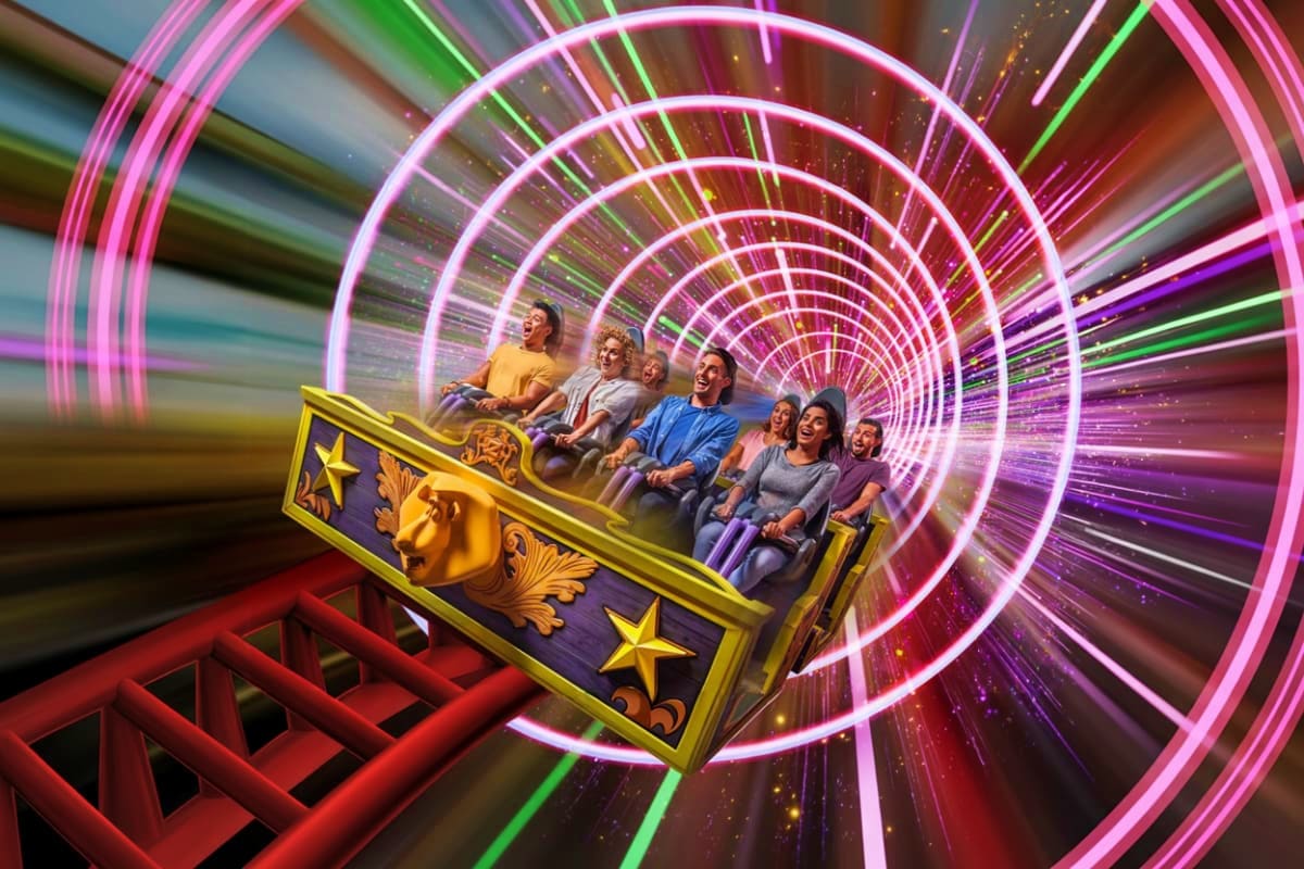 Group of visitors riding illuminated carnival ride with pink and green neon circular lights at theme park attraction