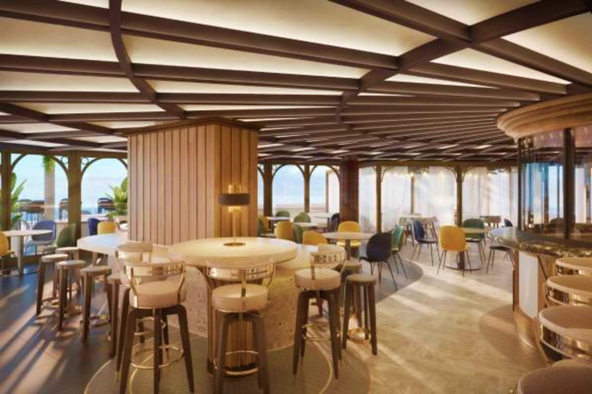 Modern cruise ship interior lounge with round bar seating, floor-to-ceiling windows overlooking ocean, and contemporary wood 