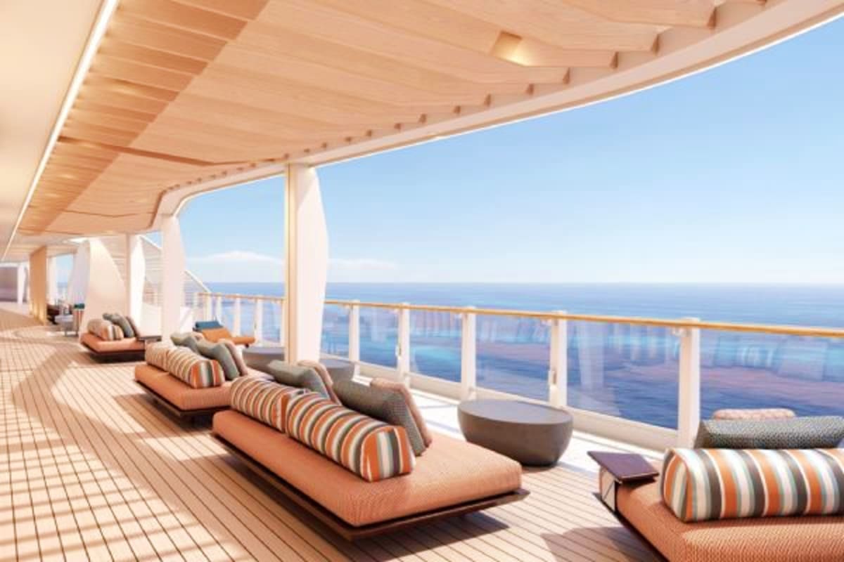 Cruise ship deck with loungers and ocean views, Norwegian Cruise Line Eastern Caribbean