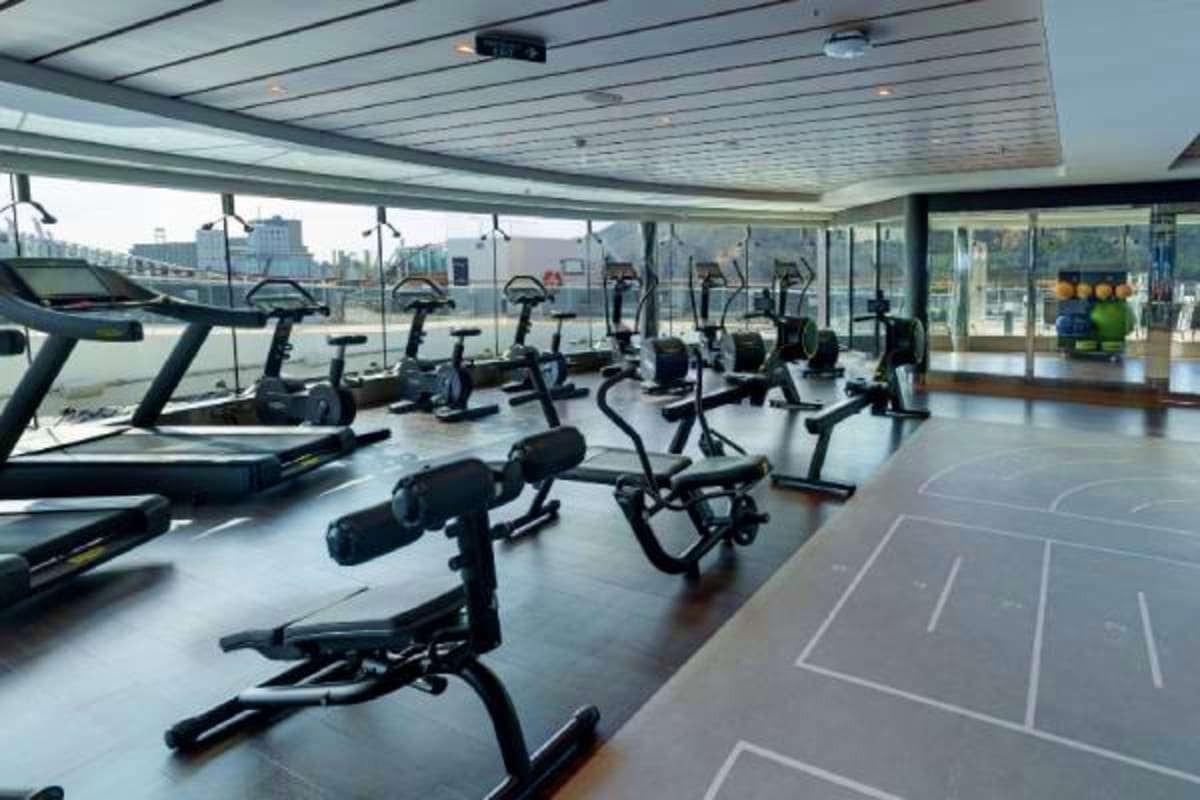 Modern gym with stationary bikes and treadmills overlooking city skyline and water from large windows