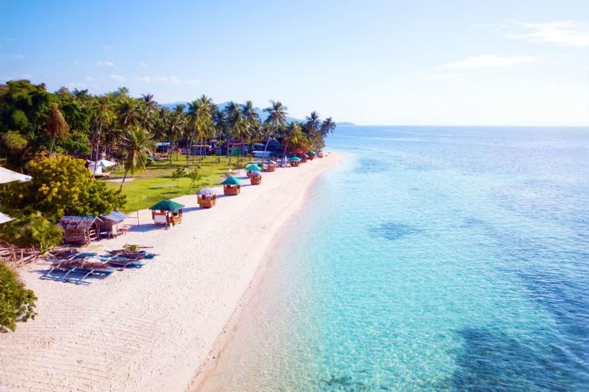 Tropical beach resort with white sand, turquoise water, palm trees, and teal umbrellas lining the shore