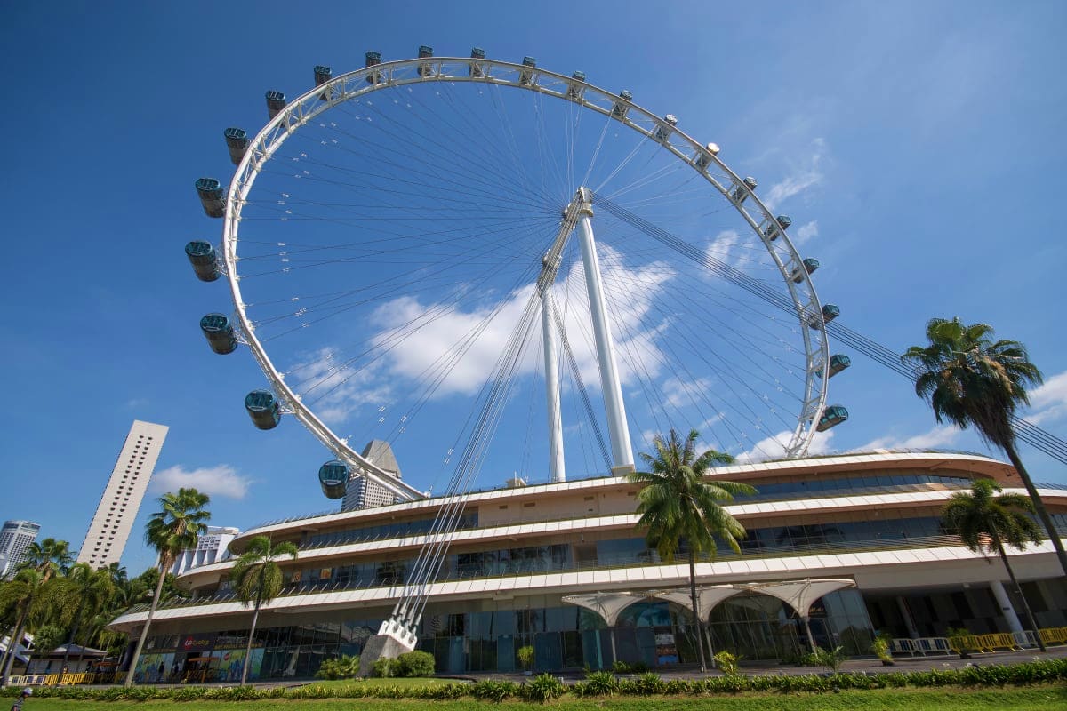 Sentosa Island & City Escape London Eye observation wheel with passenger capsules and cable support structure against blue sky and palm trees