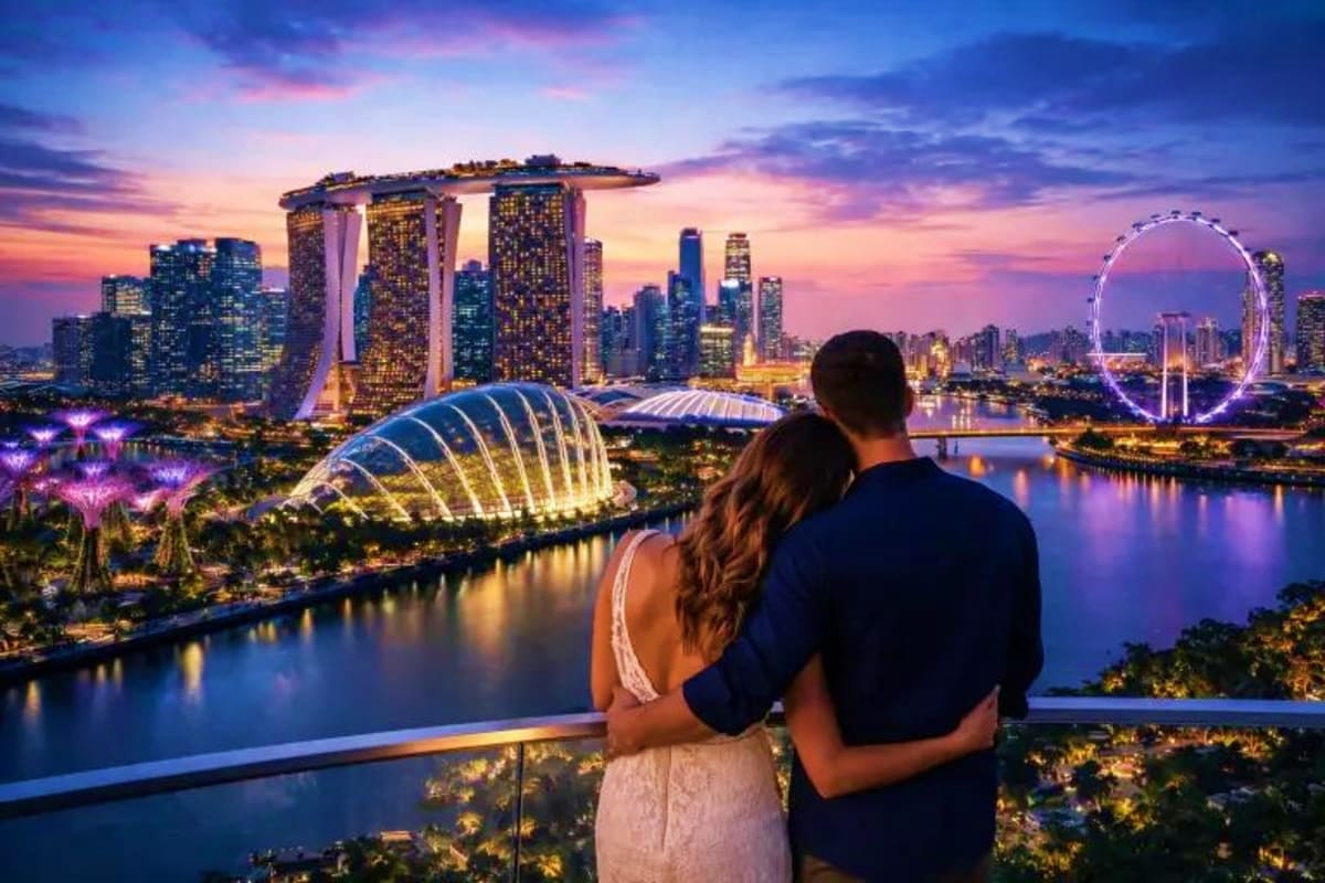 Honeymoon Special Couple viewing Singapore skyline at sunset with Marina Bay Sands, Gardens by the Bay, and Singapore Flyer illuminated at dusk