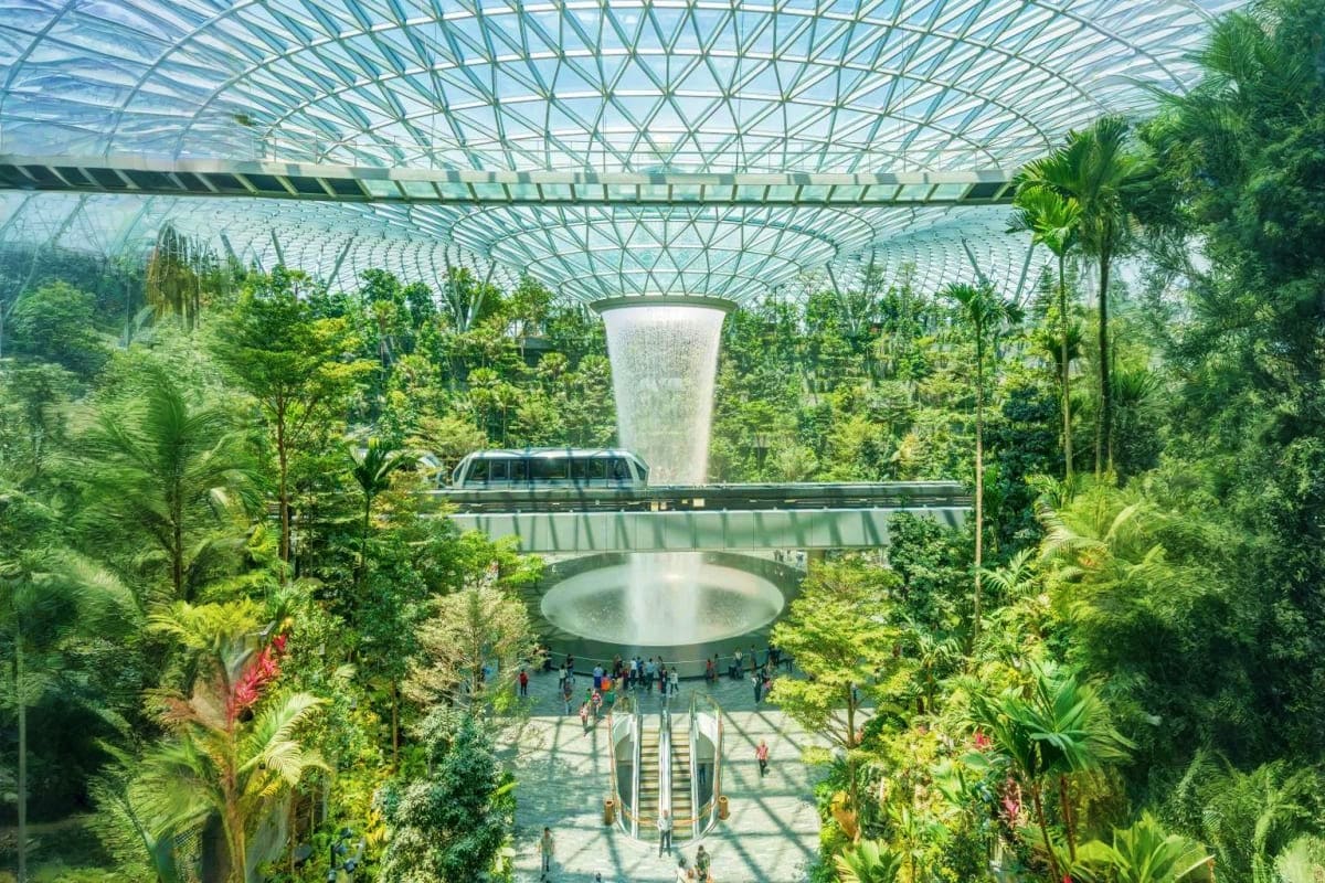 Honeymoon Special Indoor tropical rainforest with massive waterfall, monorail car crossing bridge, lush vegetation, and visitors at ground leve