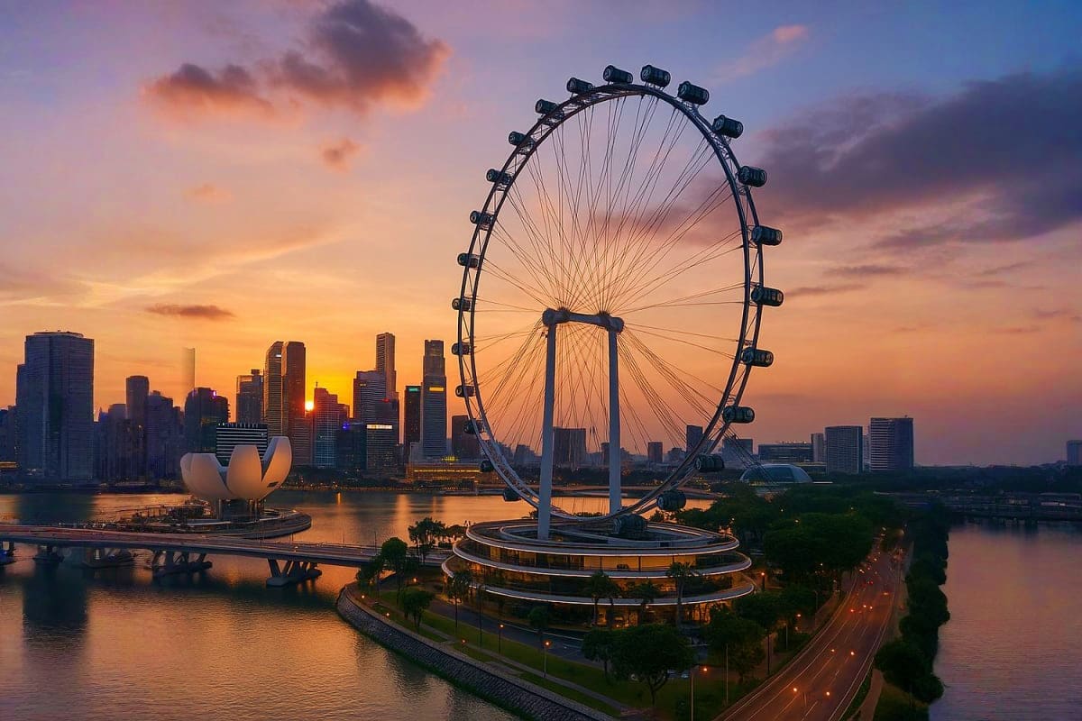 Dream Honeymoon Cruise Vacation Singapore Flyer observation wheel at sunset with city skyline and Marina Bay waterfront in background