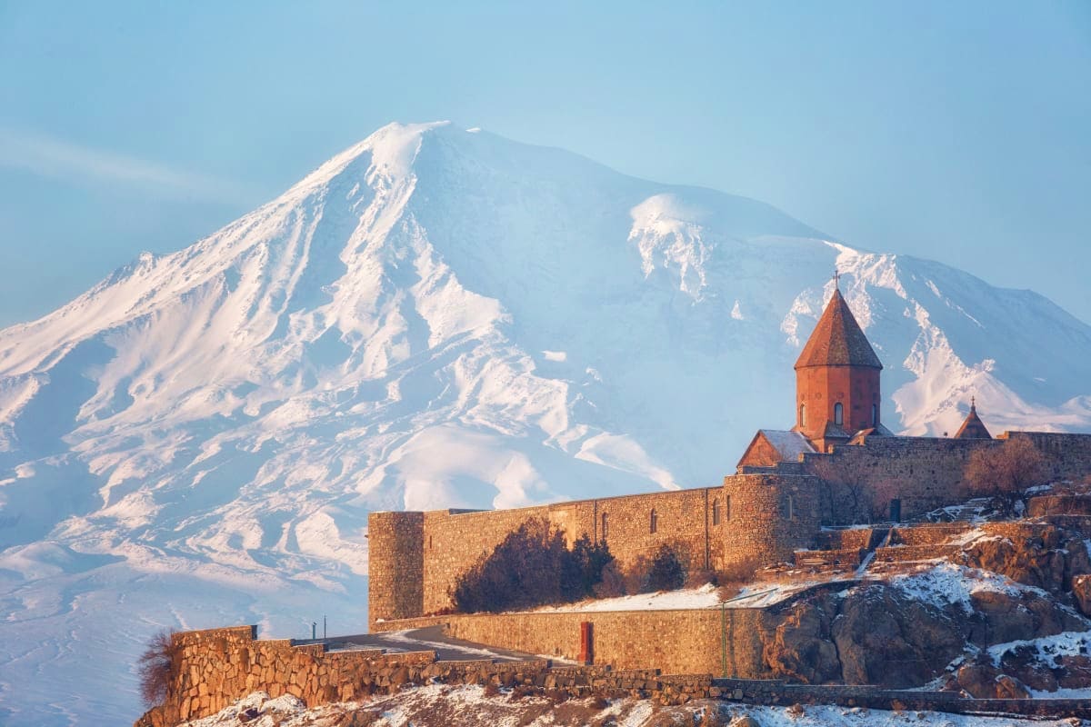 Khor Virap monastery with snow-covered Mount Ararat in the background, Armenia