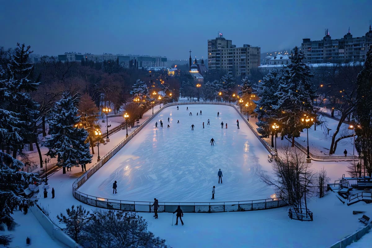 Outdoor ice skating rink in winter park at dusk with snow-covered trees, city buildings, and street lights in background