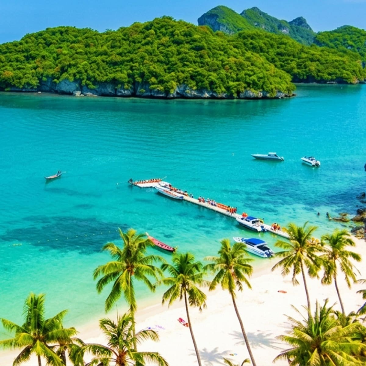 Tropical beach in Koh Samui with turquoise waters, white sand, palm trees, limestone cliffs, and traditional longtail boats