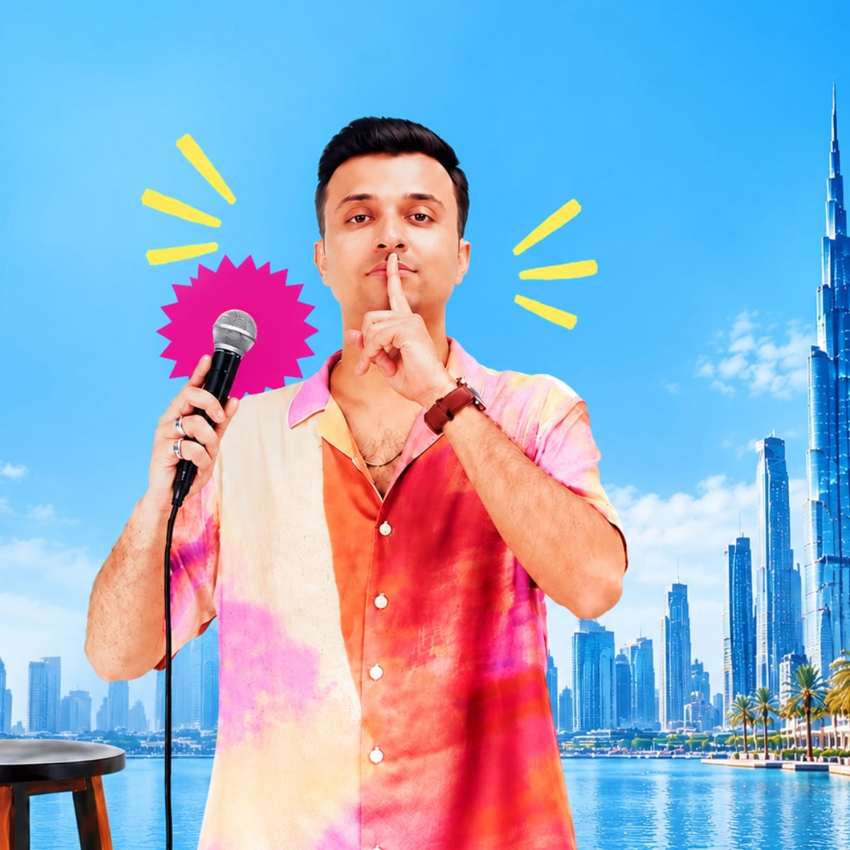 Man in colorful shirt holding microphone with shush gesture against Dubai skyline backdrop with pink starburst graphic