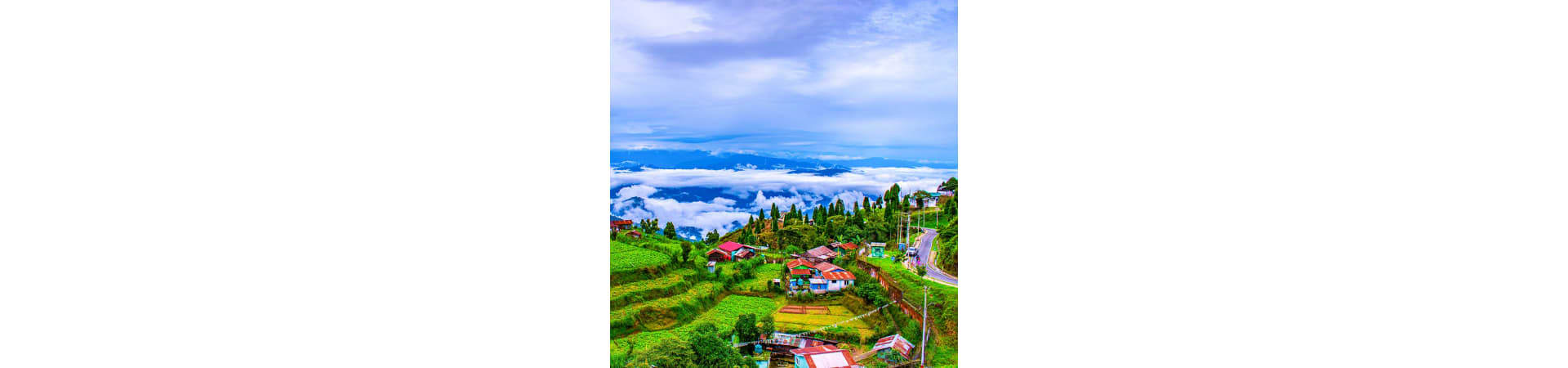 Aerial view of Darjeeling hillside village with green terraced fields, traditional houses with red roofs, and misty mountain 