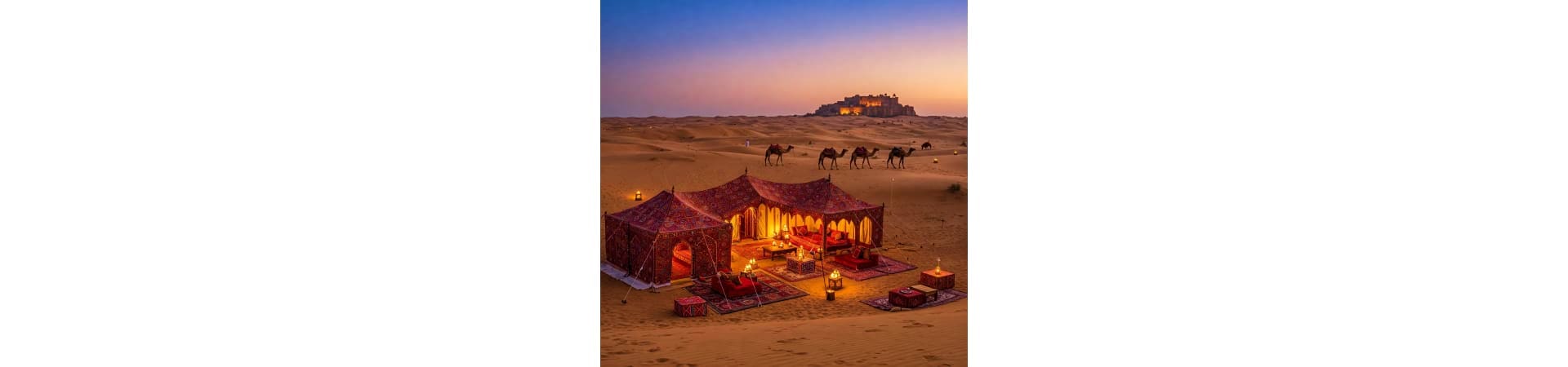 Illuminated Bedouin tent camp in Jaisalmer desert at dusk with camels grazing and fort on horizon