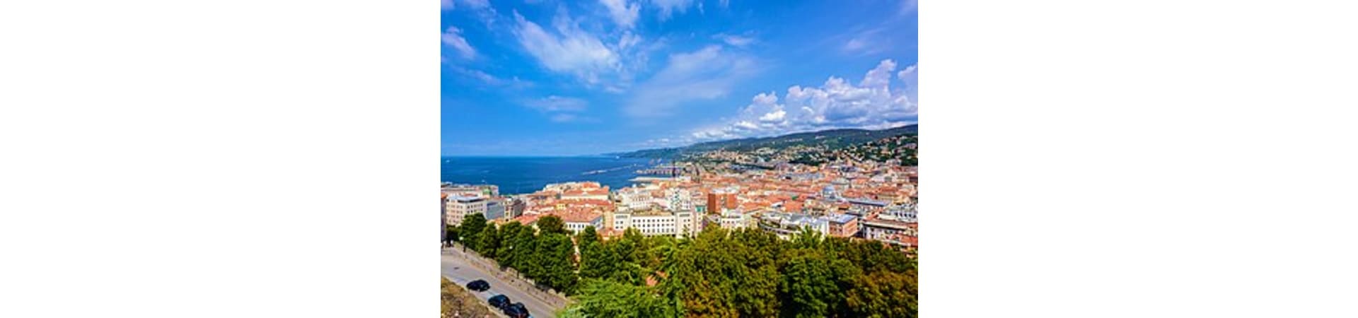Aerial view of Trieste, Italy with red-tiled buildings, Mediterranean coastline, and forested hills under blue sky