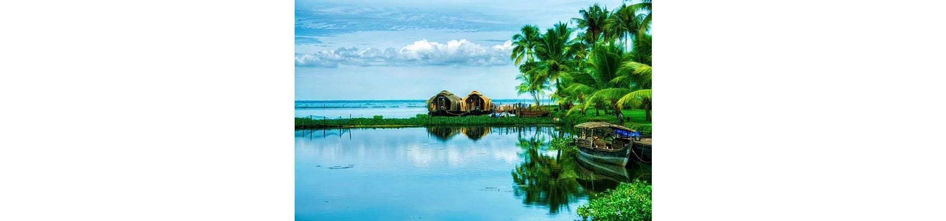 Traditional houseboat and palm trees reflected in calm backwaters of Kochi, Kerala, India