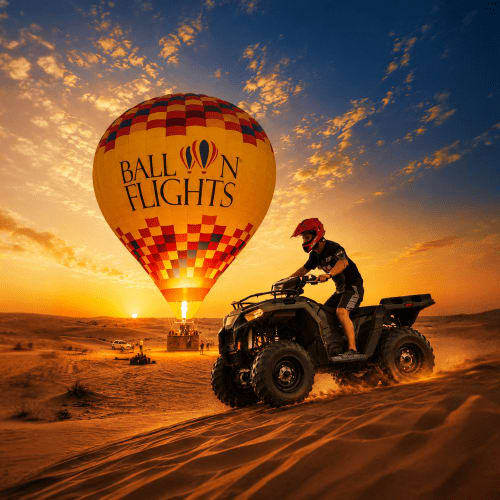 Person riding ATV in desert at sunset next to hot air balloon with "Balloon Flights" text and checkered pattern