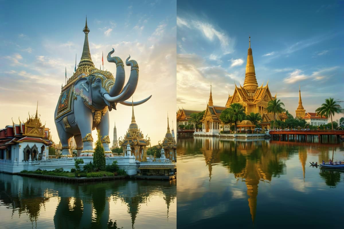Grand Thai temples with golden spires and ornate elephant statue reflected in canal water at sunset, Bangkok historical landm